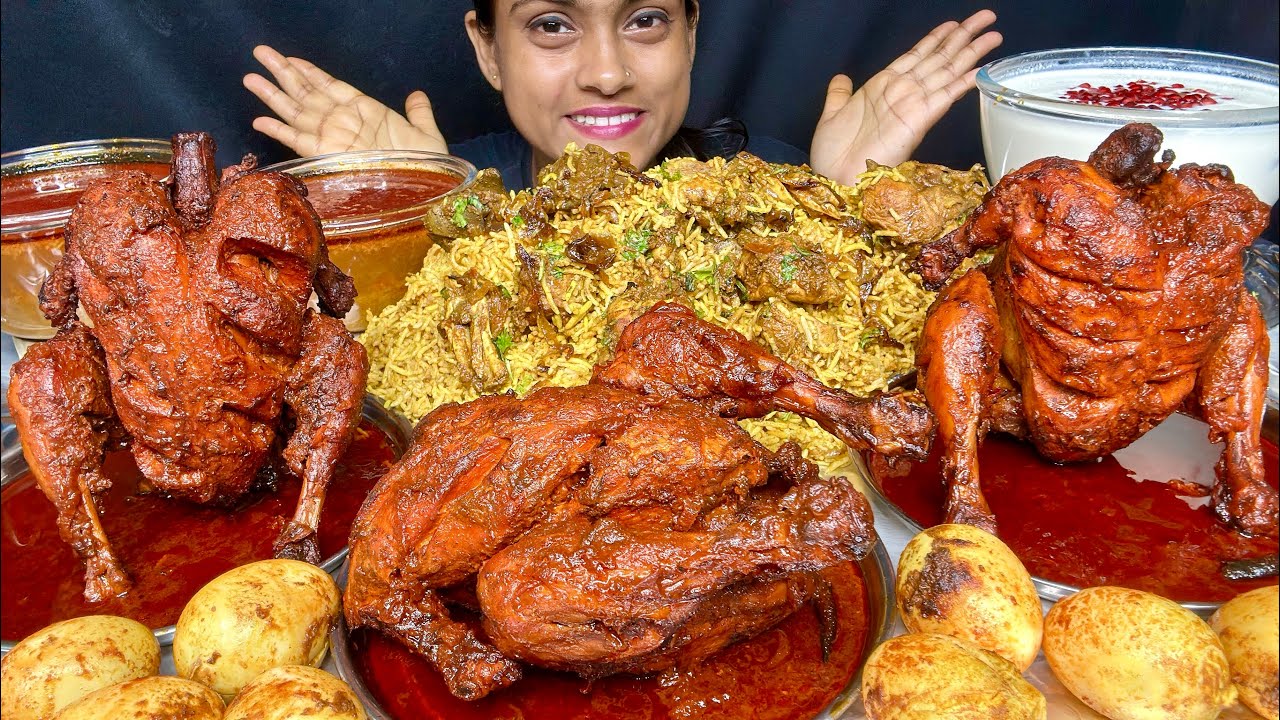 3 Spicy Whole Chicken Curry With Spicy Chicken Biryani Egg Tawa Fry Anar Raita Gravy Eating
