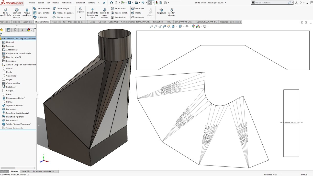 Ducto con transición de círculo a rectángulo | Calderería | Chapa metálica en SolidWorks
