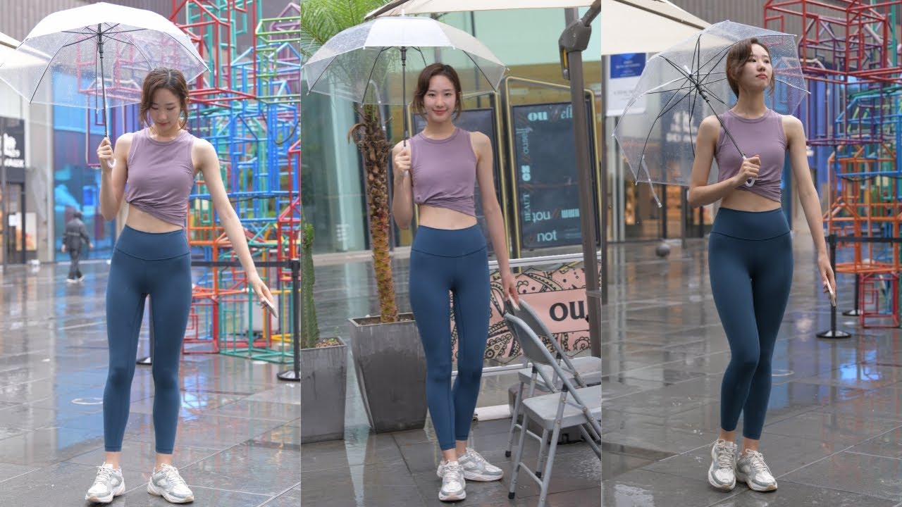 4K高清 魔镜街拍 china model street photography  蓝色瑜伽裤运动系高挑美女 萱萱 雨天商场怪事
