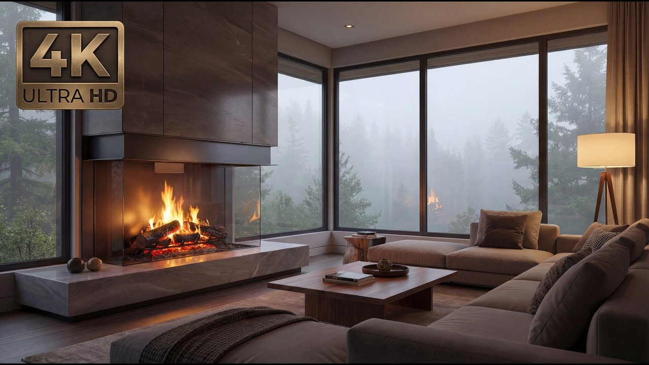 Warm Fireplace Ambience 🔥 Fire Sounds Only | Fog Outside | 4K