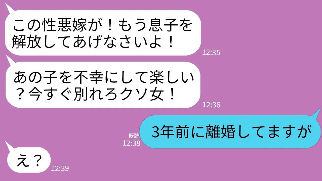 【LINE】夫母から突然ブチギレ連絡「もう息子を解放してあげて！あの子を不幸にして楽しい？」「3年前に離婚してますが」→勘違い姑が真実を知って顔面蒼白にwww