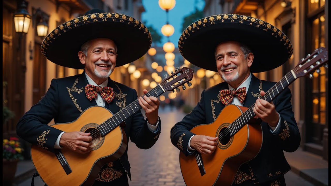 Authentic Mexican Mariachi Night Fiesta | Elderly Duo Performing Guitar Music Lantern-Lit Street
