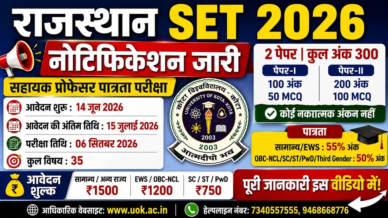 Rajasthan SET 2026 Notification Out | Rajasthan SET 2026 Exam Date | Rajasthan SET 2026 Eligibility 