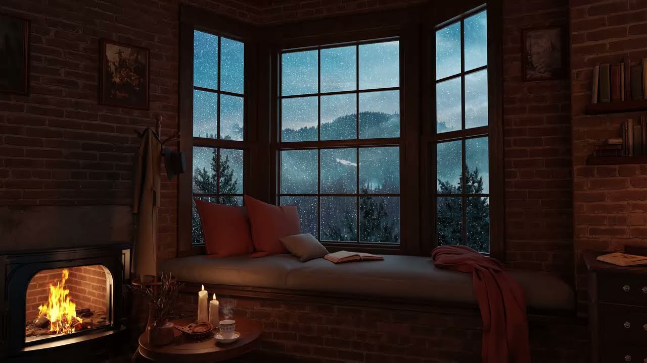 Cozy Fireside Nook Ambience | Rain Falling & Fire Crackling | Sleep and Relaxing Sounds
