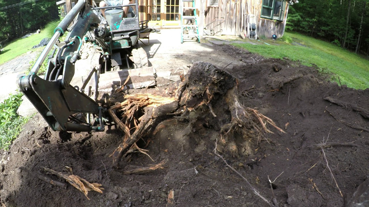 Digging out stumps with a mini excavator