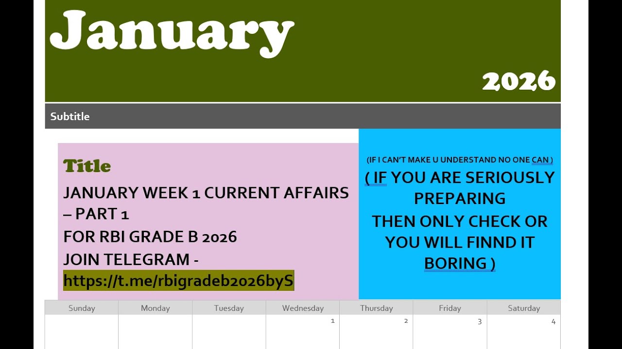 CURRENT AFFAIRS | JANUARY 2026 | 1ST WEEK PART 1 | PIB + FINANCE | RBI GRADE B 2026