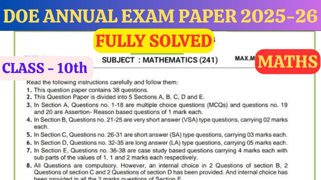 DOE Class 10 Maths Annual practice paper | Class 10th Practice paper 2025-26 #maths #sample paper