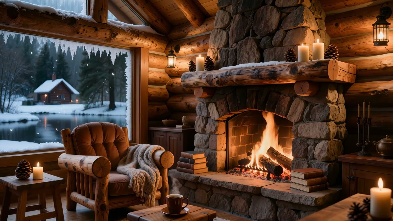 Cozy Winter Cabin Ambience ❄️ Gentle Snowstorm & Fireplace Sounds (No Music)