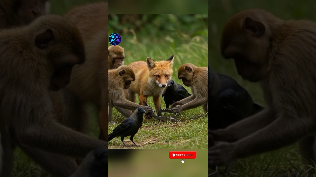 little fox trapped and helped by monkeys 