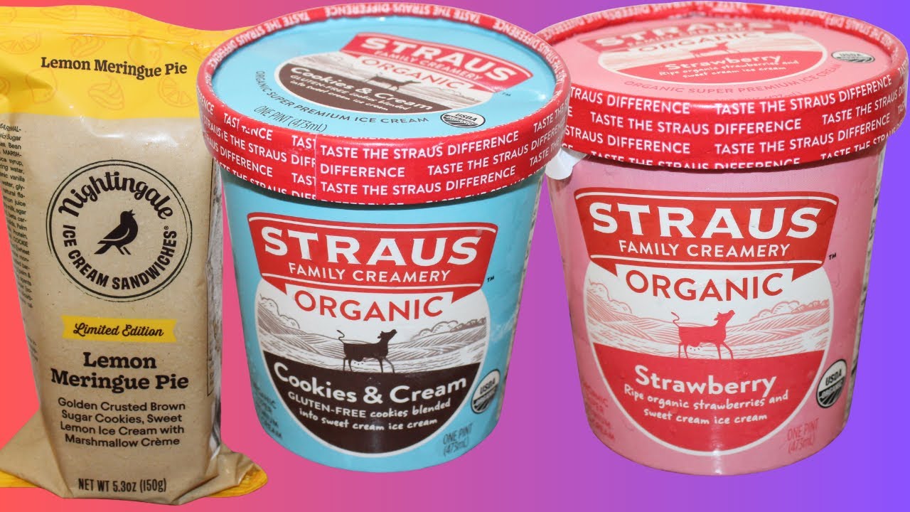 Nightingale Ice Cream Lemon Meringue Pie, Straus Ice Cream: Cookies & Cream and Strawberry