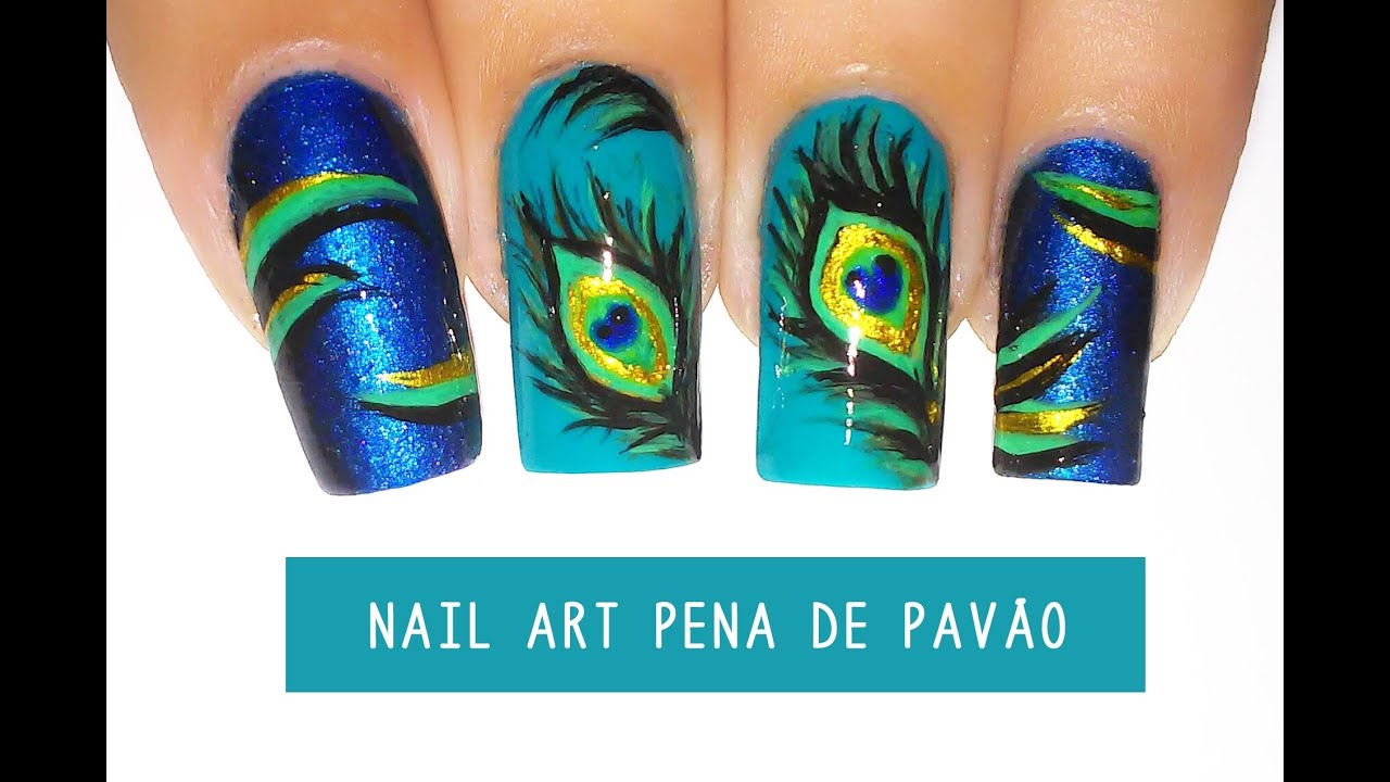Unhas Decoradas pena de pavão - Nail art Peacock Feather free hand