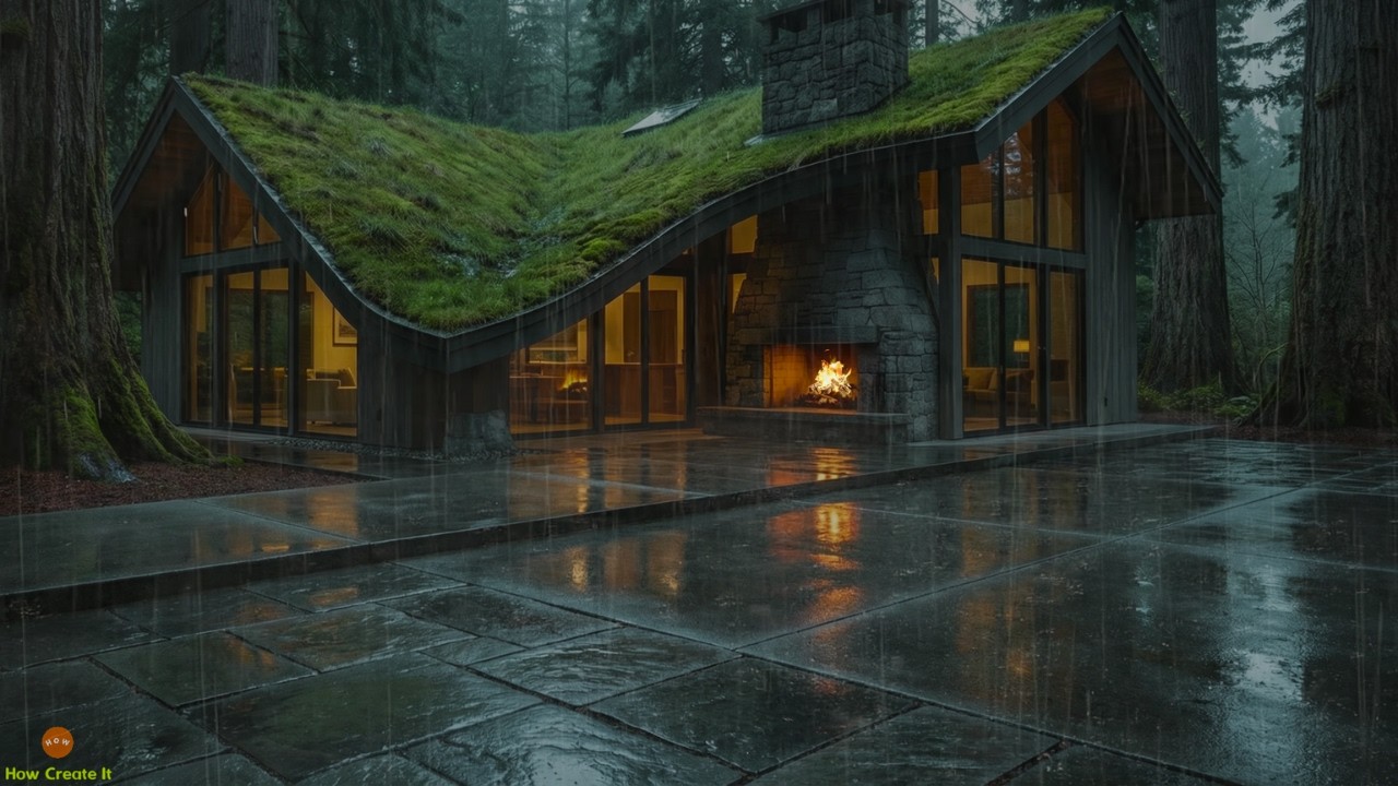 Serene Rainy Forest House With Warm Fireplace And Lush Green Roof At Dusk