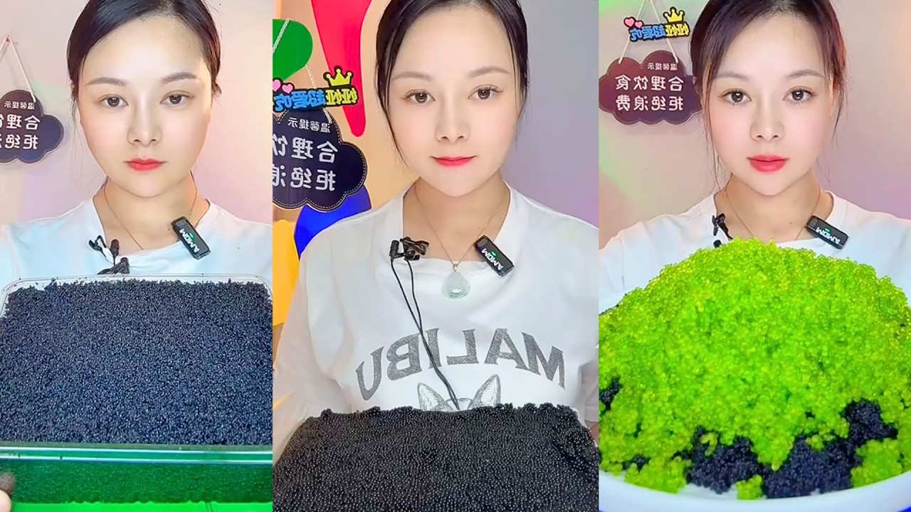 Black and Neon Green Fish Roe Mukbang with Crunchy Texture