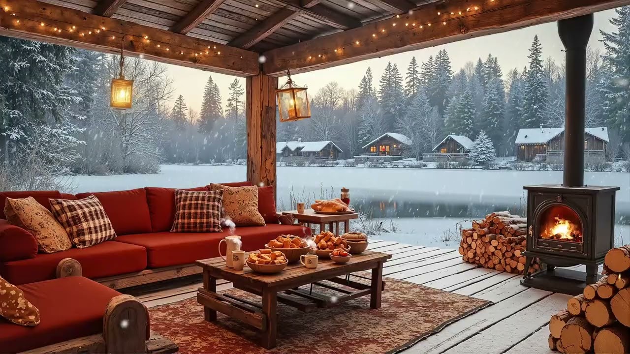 Cozy Winter Porch Jazz ❄️ Snowfall Ambience, Fireplace Warmth & Relaxing Smooth Jazz