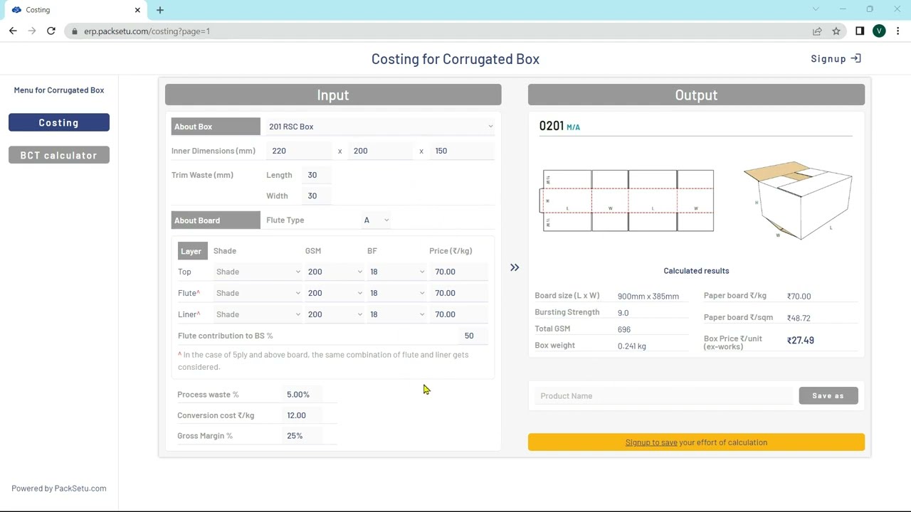 PackSetu: Corrugated Box costing & BCT calculation