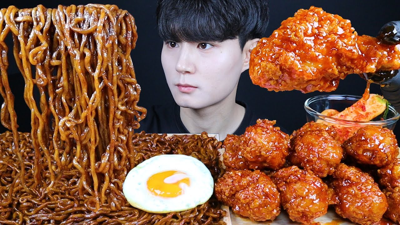 짜파게티 양념치킨 리얼사운드 먹방ASMR MUKBANG BLACK BEAN NOODLES & FRIED CHICKEN ラメン チキン ไก่ Gà Ayam eating sounds