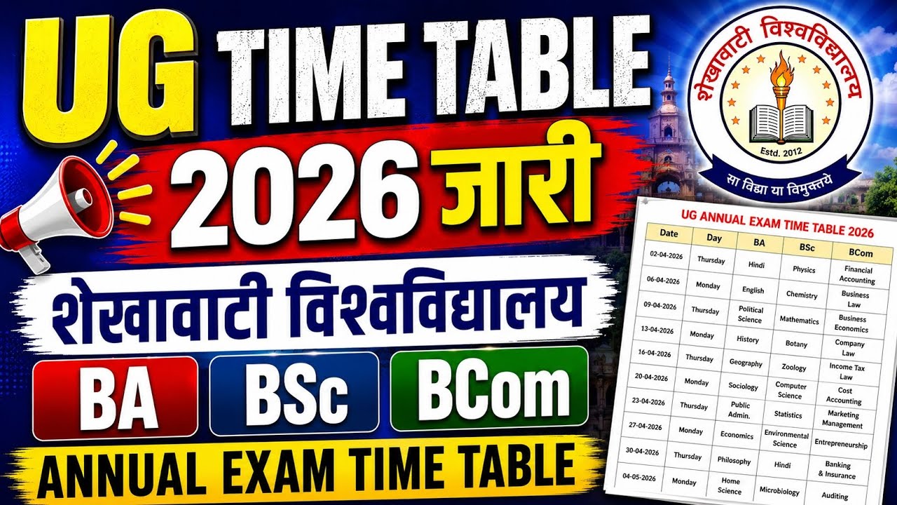 UG Exam Time Table 2026 &bull; BA, BSc, BCom Annual Exam Date Sheet &bull; Shekhawati University &bull; PDUSU Sikar