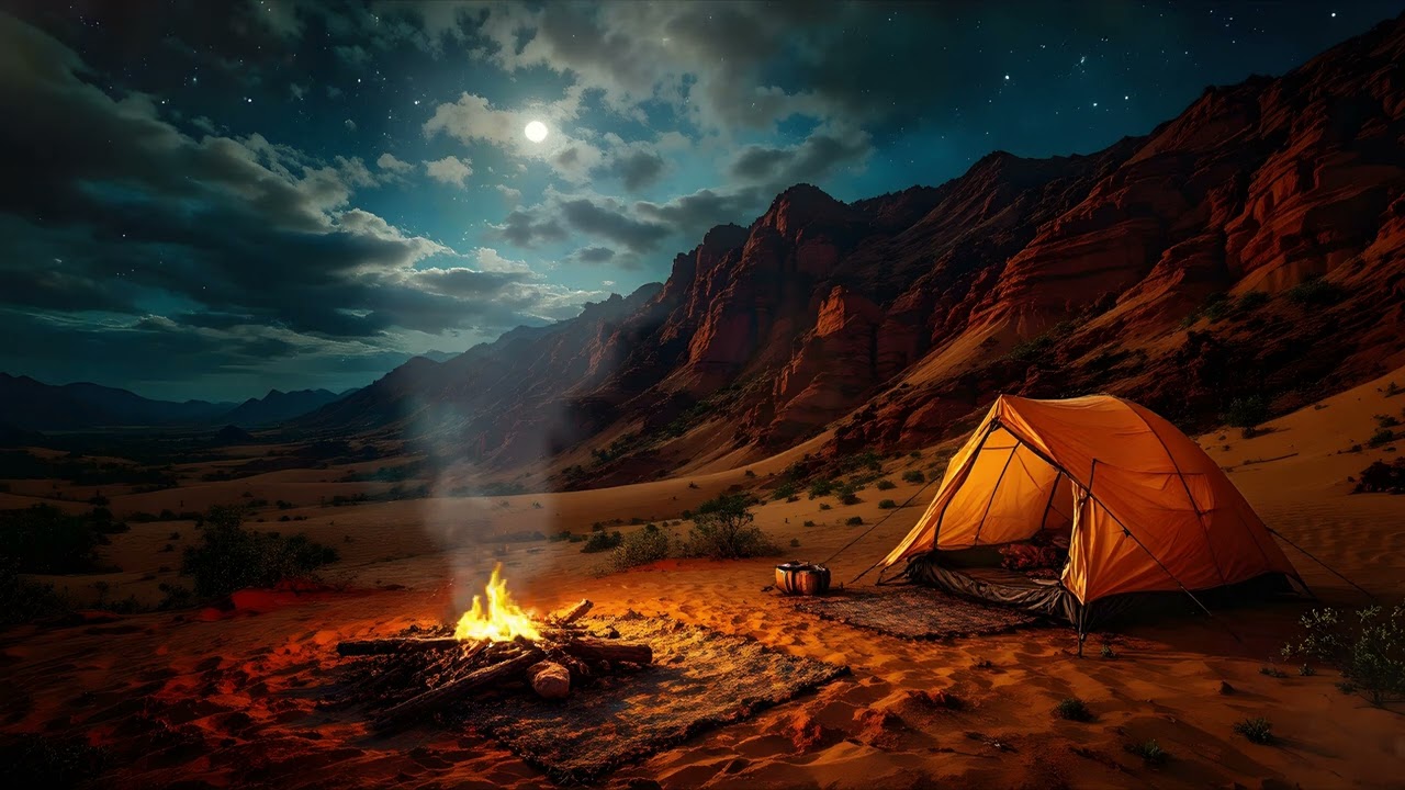Cozy Camping Fireplace at desert night mountains , Crackling Campfire, Relaxing Nature 4K  Ambience.