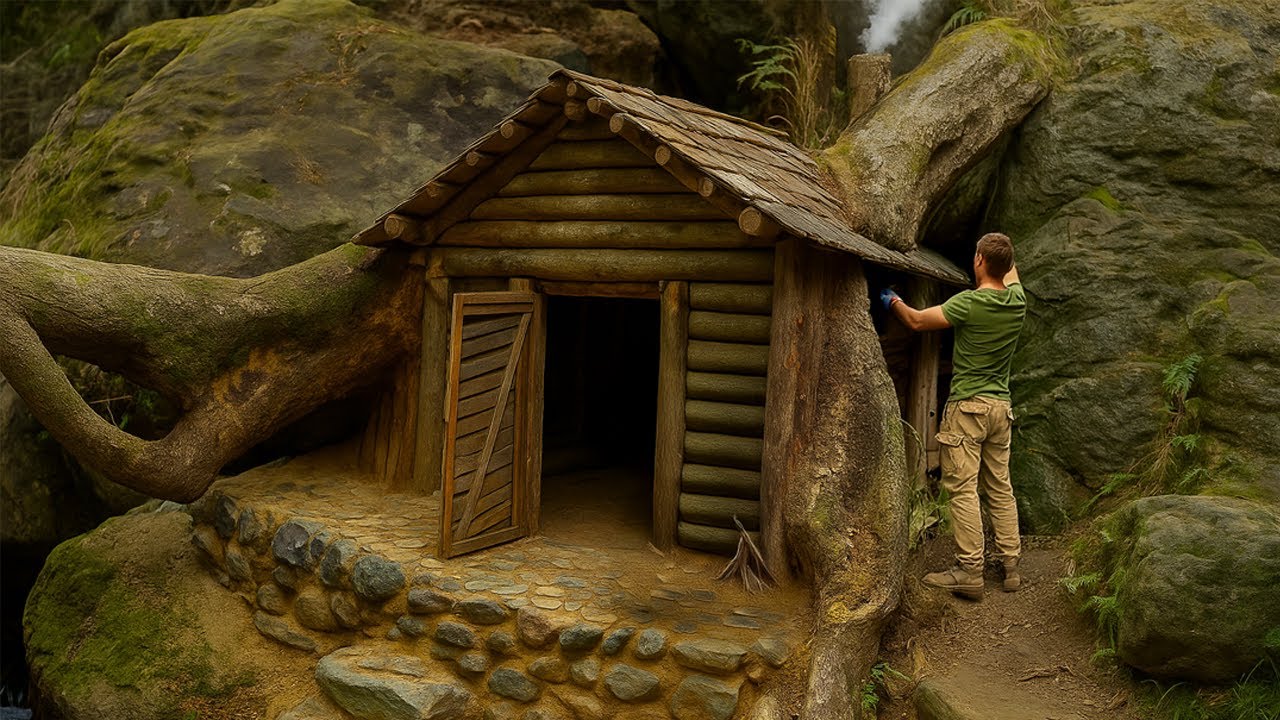 Man Builds COZY Round Log Cabin Under a GIANT Fallen Tree