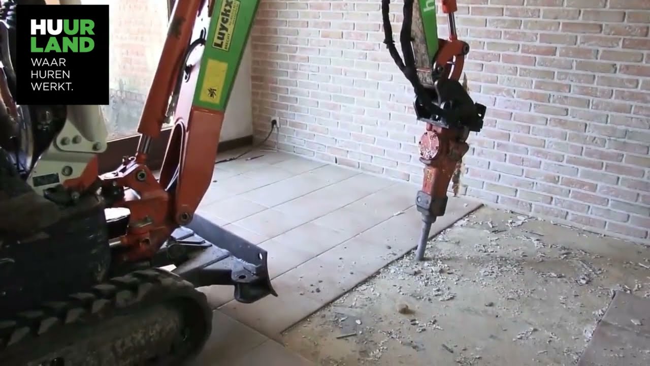 Breekhamer op minigraver 1 ton huren voor uitbreken binnenvloer. Demonstratievideo - Huurland