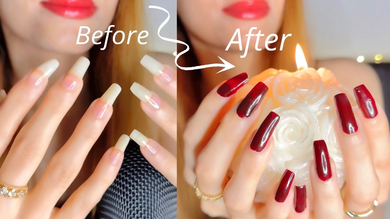 ASMR Red Wine Nail Polish on Long Natural Nails | Tapping & Flicking Sounds (No Talking just relax)🍷