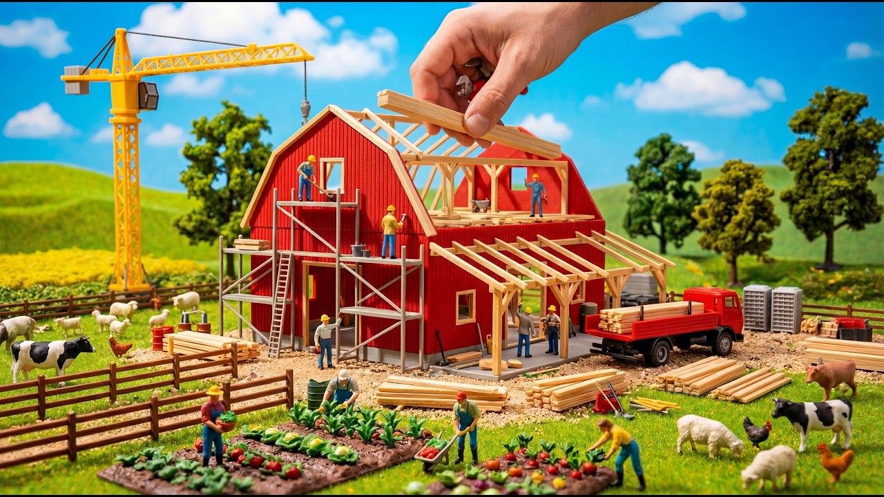 Satisfying Miniature Construction - Building a Spring Mini Farm Barn With Fresh Green Fields 🌱🏚️