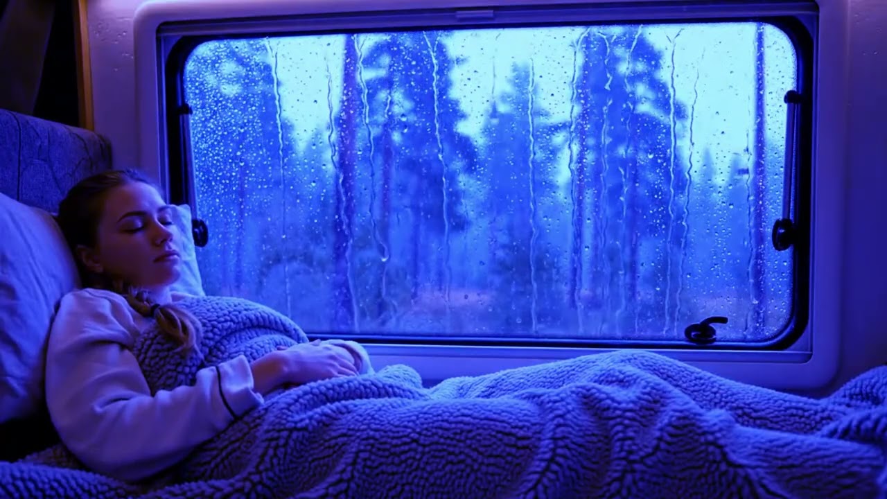 Thunder rain ambience outside camper van in dark forest night for deep sleep | rain sound