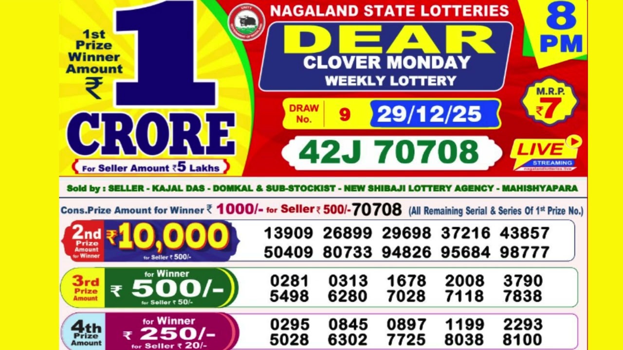 DEAR CLOVER MONDAY WEEKLY LOTTERY TODAY RESULT 8 PM 29/12/25