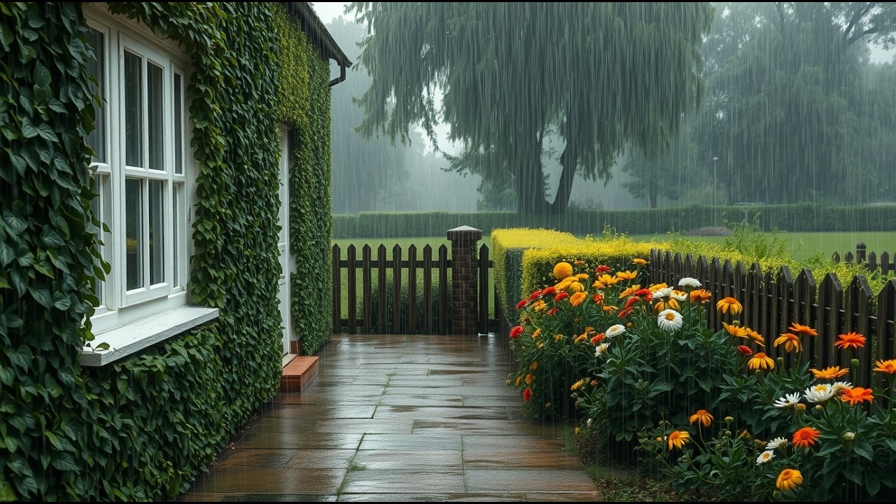 Thunderstorm with Heavy Rain 🌩️ Cozy Ivy Cottage Garden for Calm & Focus