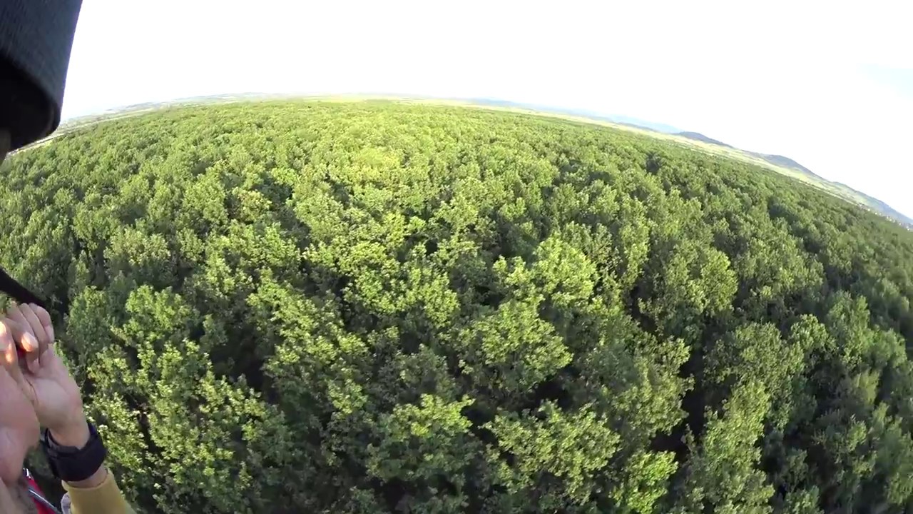 Paramotor low level flight , forest and dirt road