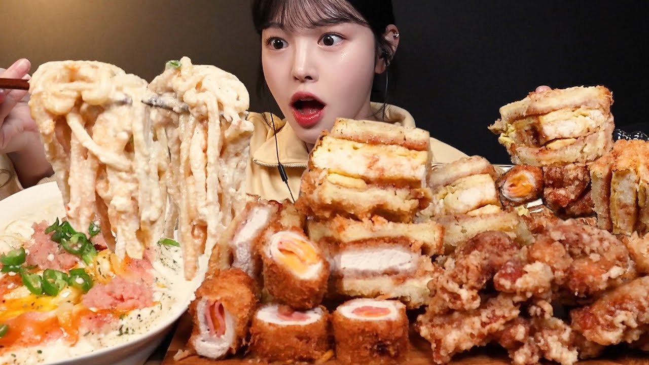 SUB)꾸덕촉촉 명란크림우동에 바삭한 치즈롤까스 후라이드치킨 카츠산도 꿀조합 먹방 리얼사운드 Cream Udon & Chicken Mukbang Asmr