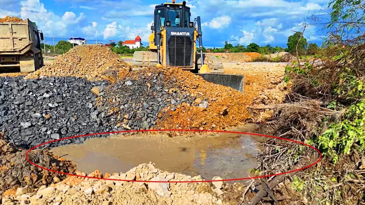 Nicely Complete Pond Stones Filling! Skill Dozer SHANTUI Pushing Stones And Dump Trucks Dump Stones