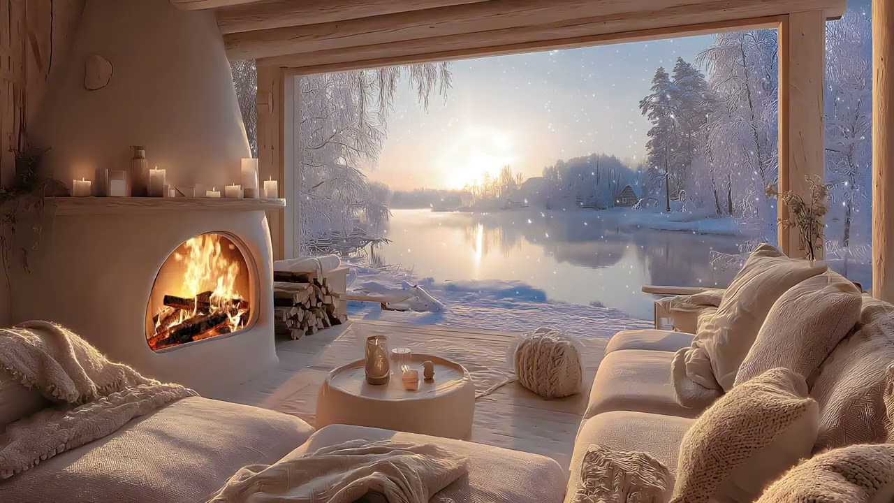 Peaceful Winter Lake Cabin ❄️ Gentle Piano Music and Fireplace Sounds by the Quiet Water