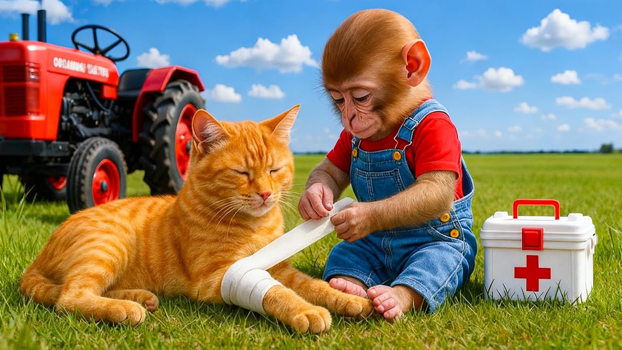 Baby Nonkey NaNa Goes Harvesting On The Farm By Tractor And Rescues Injured Cat