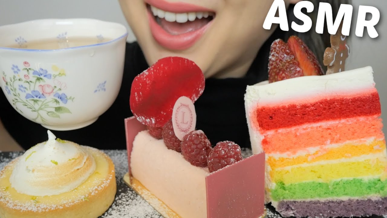 ASMR Mini Cakes *Ladurée Lemon Tart, Raspberry Mousse with Rainbow Cake NO TALKING Eating Sounds|N.E