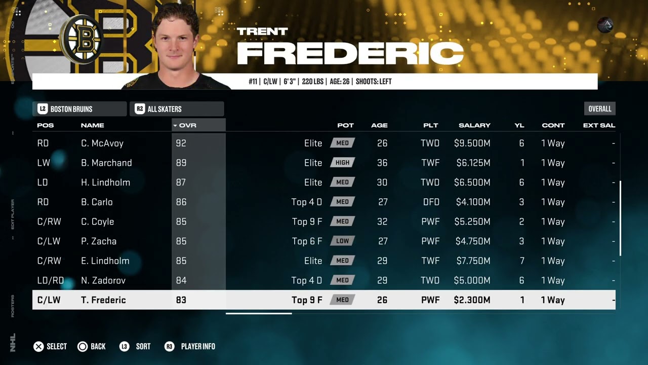 NHL 25 Boston Bruins Overall Player Ratings