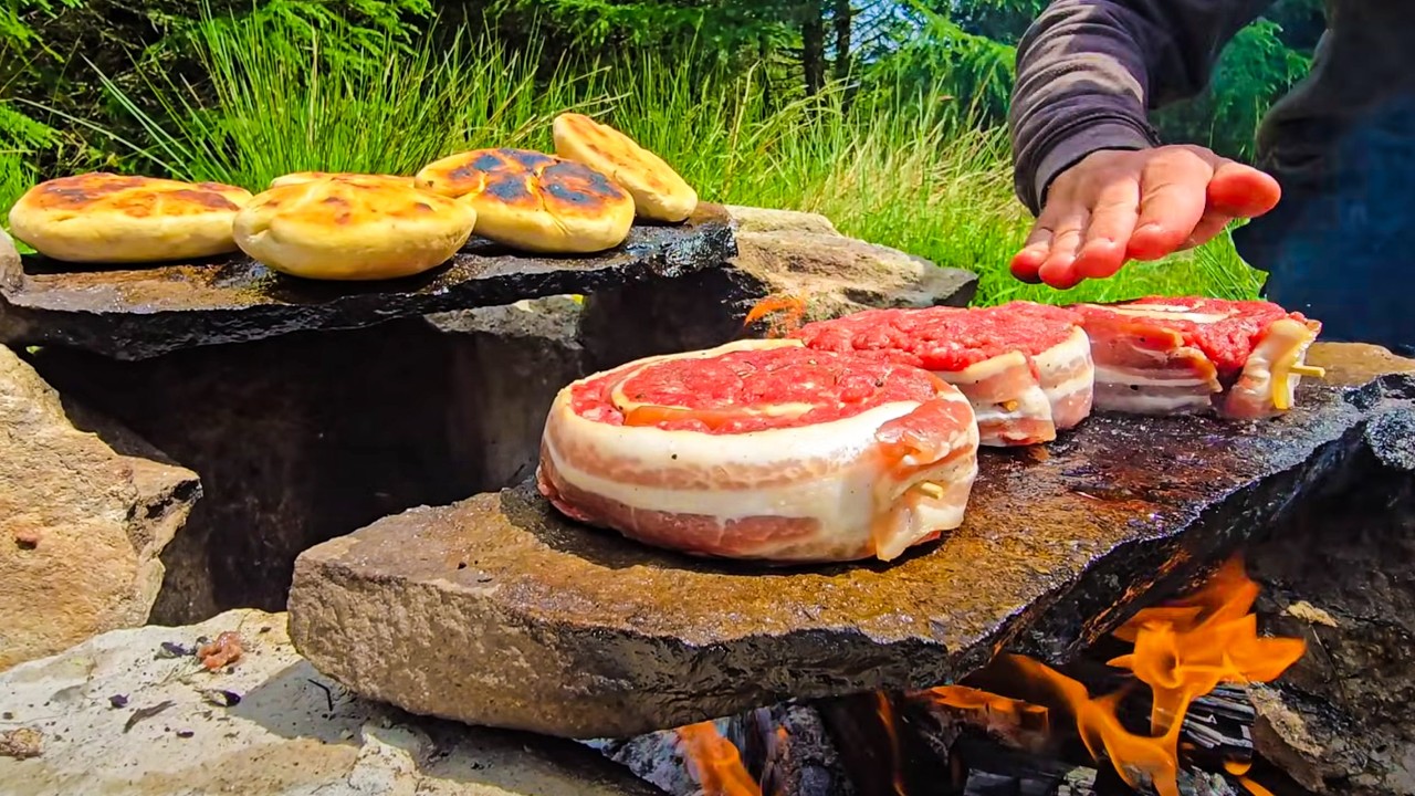 Primitive Bacon Burger Cooked on a Rock | ASMR Bushcraft Cooking