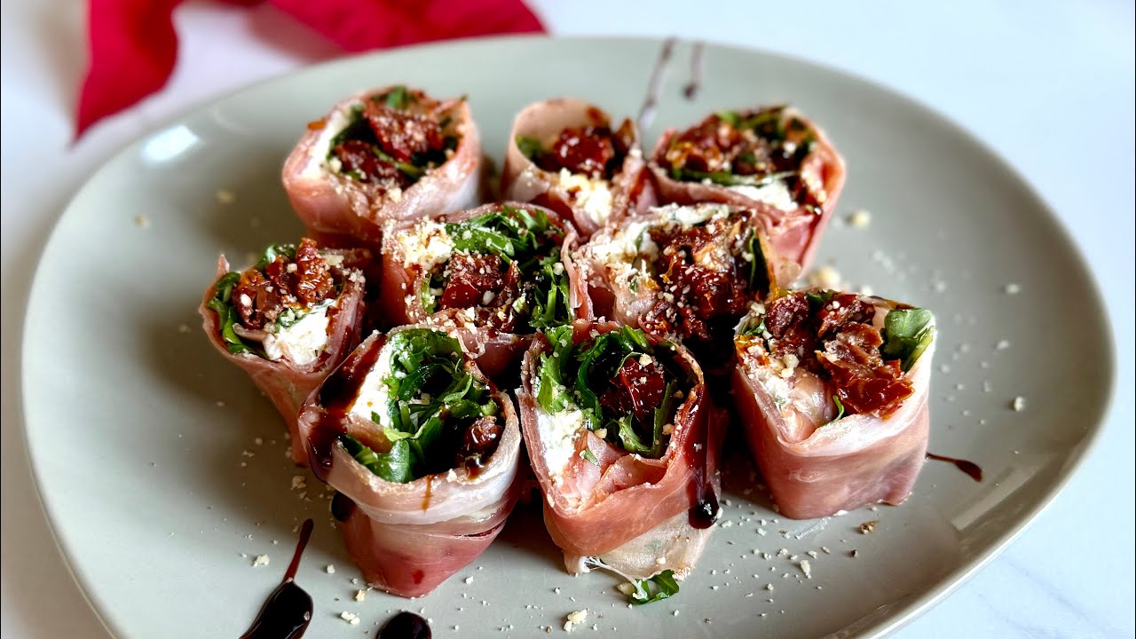PROSCIUTTO SUSHI. Cream Cheese, Sun-Dried Tomatoes, Arugula & Balsamic Sauce Rolls. Keto Appetizer.