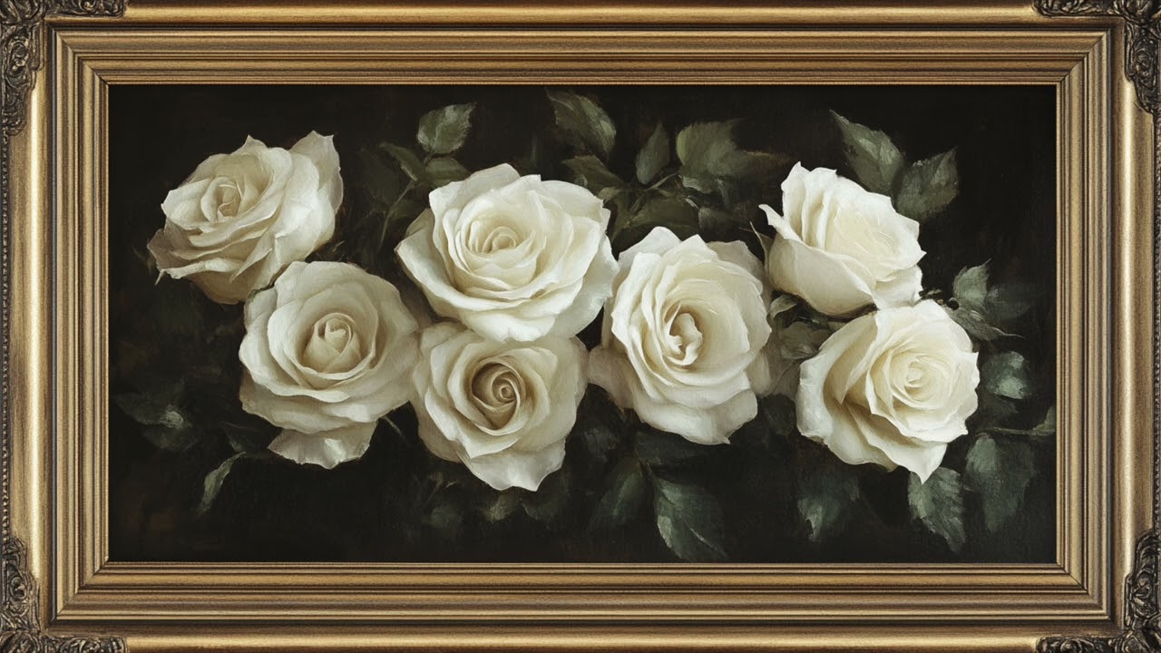 Gold Vintage Frame Wallpaper Art | Soft White Watercolor Flowers Roses, TV Display Screensaver HD