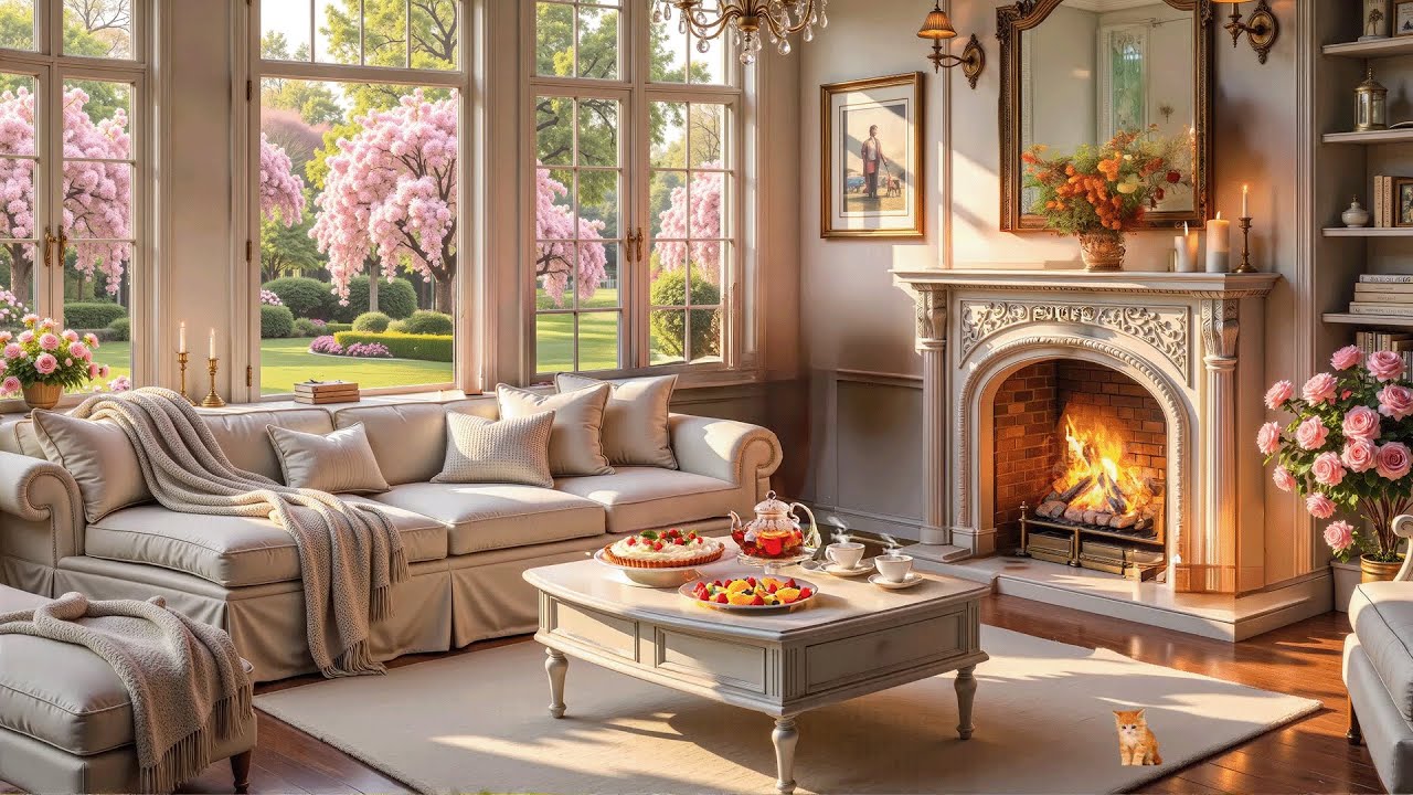 Spring Living Room Ambience with Crackling Fireplace🔥Gentle Jazz Music For Reading & Studying
