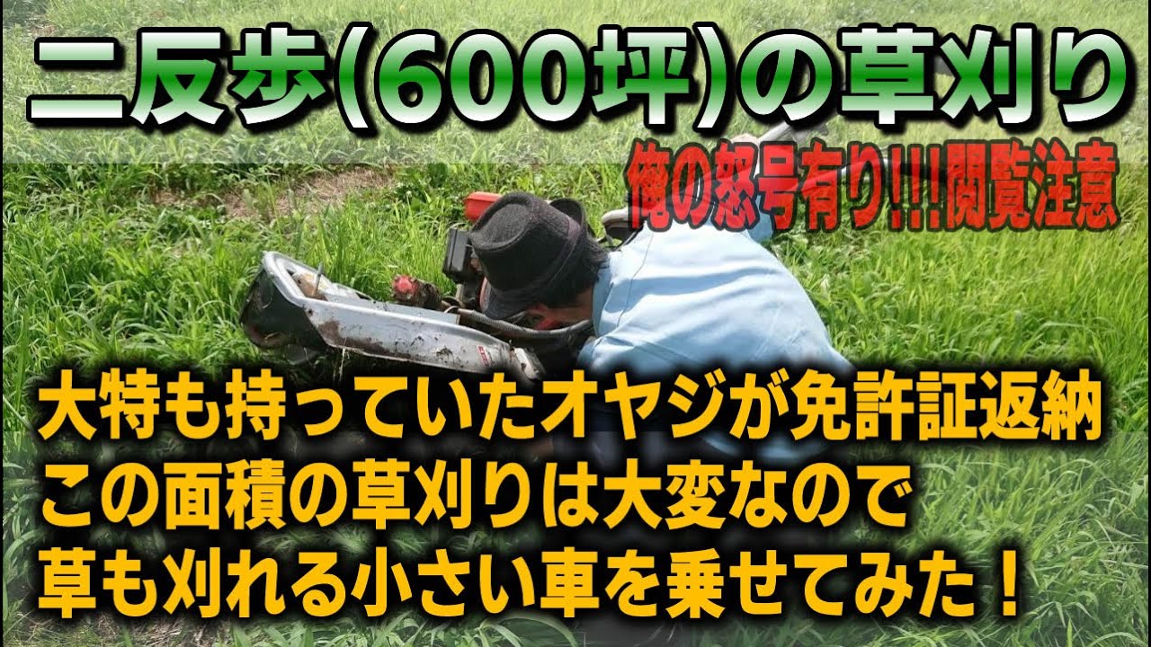 600坪(2反歩)休耕田の草刈り！運転免許返納した親父に乗用草刈機を乗せてみた。【若者閲覧注意】