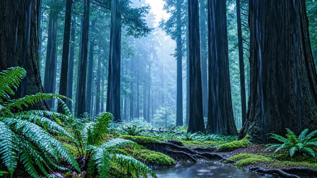 10 Hours of Peaceful Forest Rain Ambience in a Misty Redwood Woodland for Deep Sleep and Relaxation