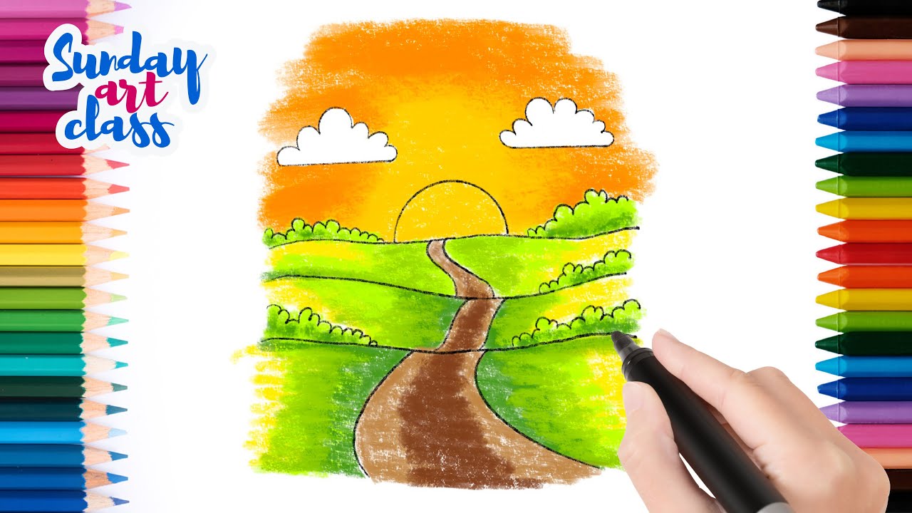 How to Draw Scenery of Sunset Step by Step - Draw for Kids | Sunday Art Class