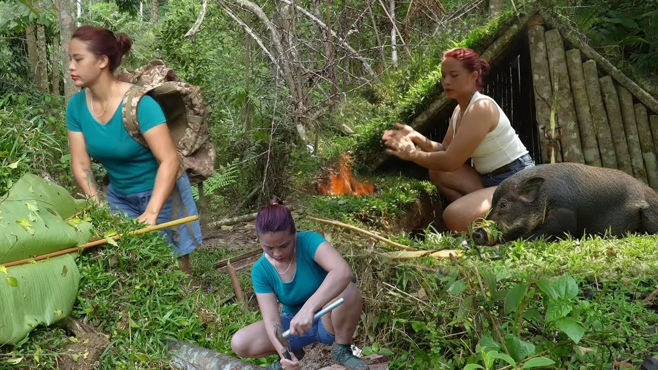 30 Days of Survival: Single Mother & Children Ambushing Wild Boars & Constructing a Wooden Home