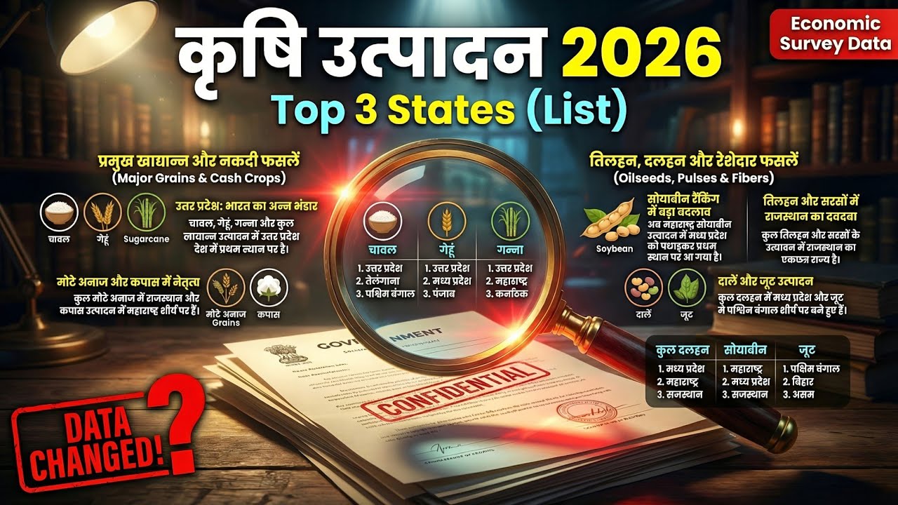 भारत की प्रमुख फसलें: Top 3 States List 2026 | Indian Geography (Economic Survey Data)