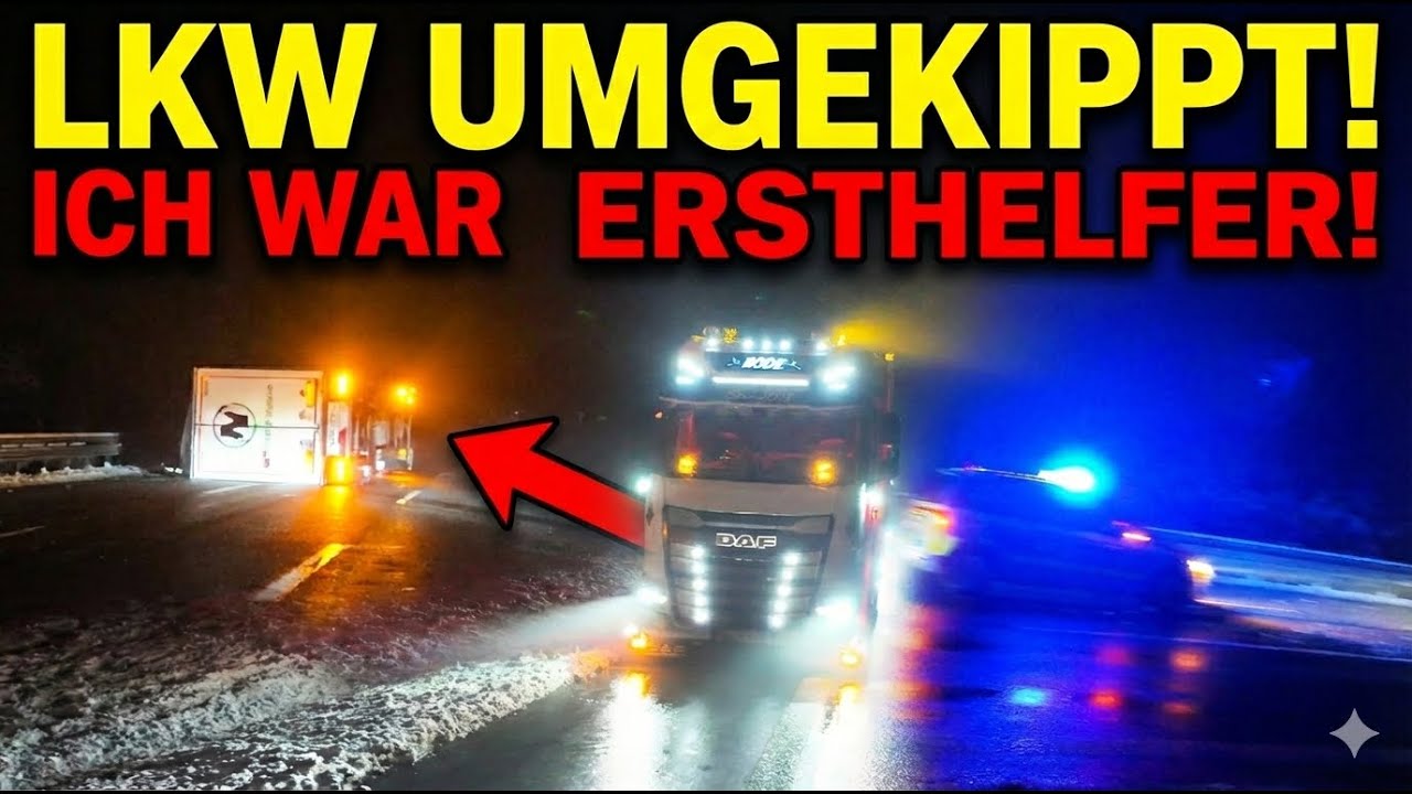 Ersthelfer Auf der Autobahn, Lkw liegt auf er Seite.....