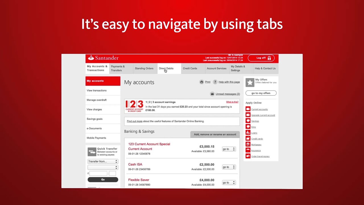 Santander Online Banking &ndash; View, navigate and transact with the 'My Accounts' homepage