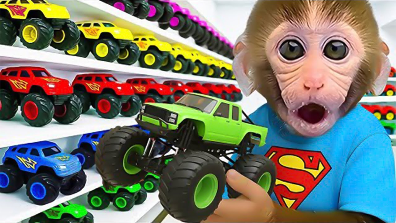 아기 원숭이 Bon Bon이 Hot Wheels 도시에서 강아지와 아기 오리와 함께 놀아요