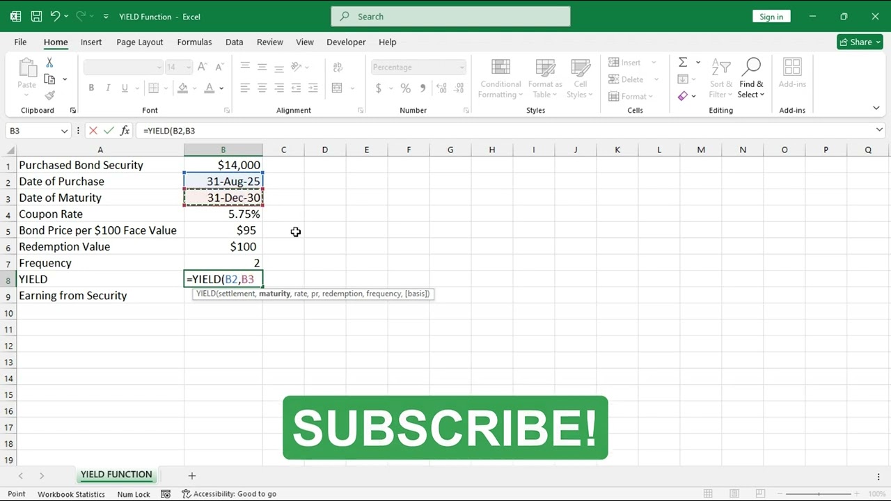Calculate Rate of Return from Bond Security in Excel | YIELD Function 