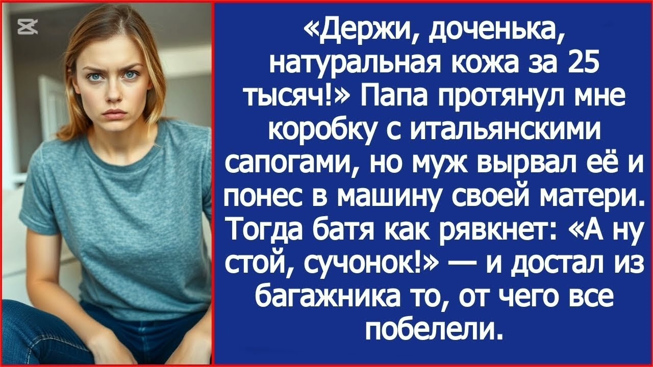 Папа протянул мне коробку с итальянскими сапогами, но муж вырвал её и понес ее в машину своей матери